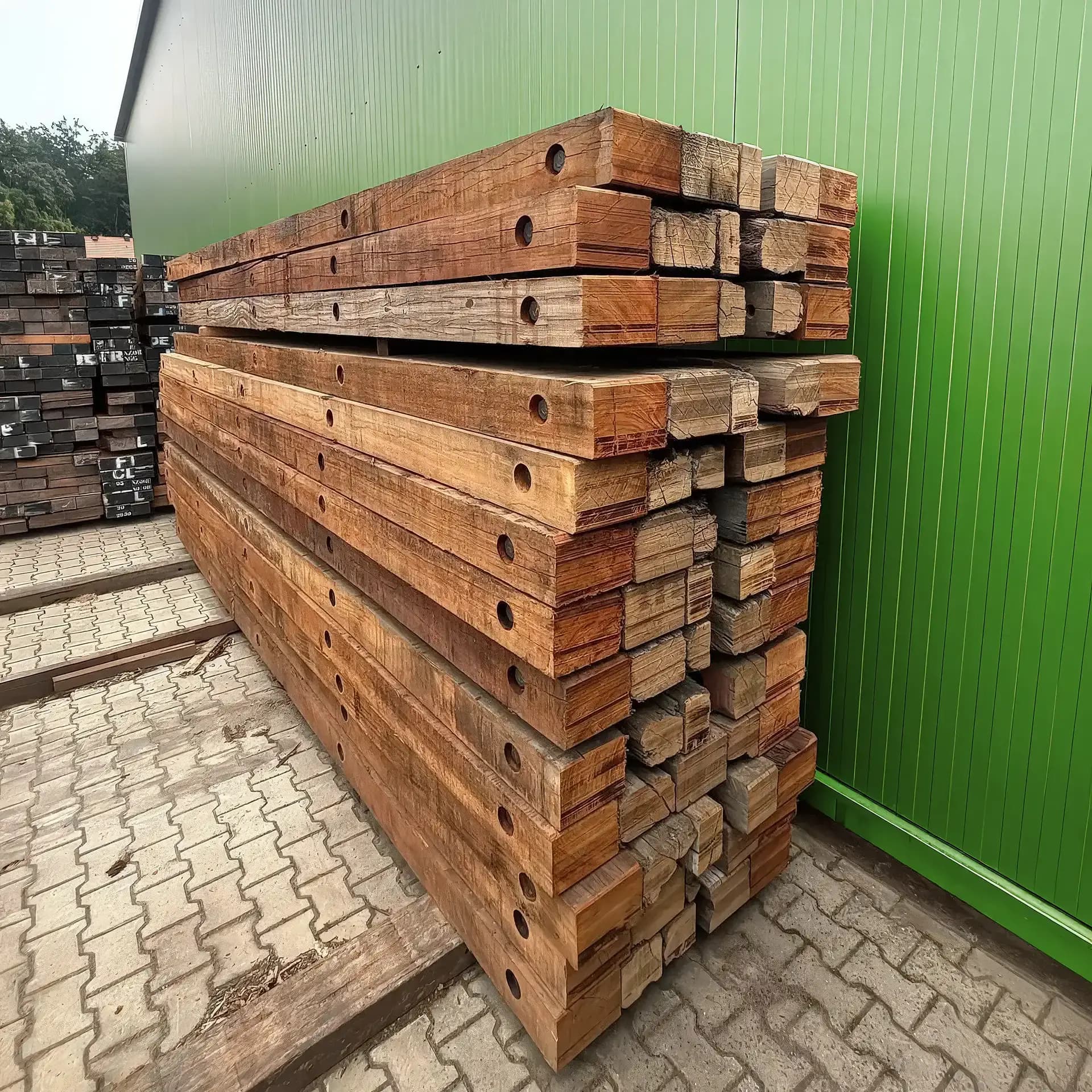 Foto van stapel draglineschotten tegen loods